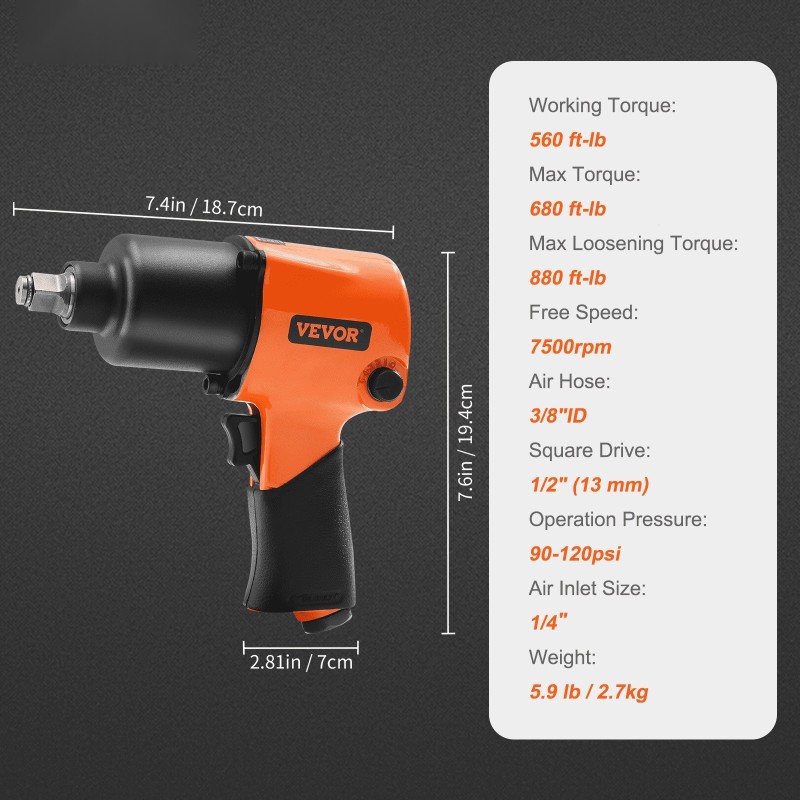 Paineilmamutterinväännin puoli tuuman neliökiinnitys alumiinirunko 2,7 kilogrammaa autojen korjaukseen