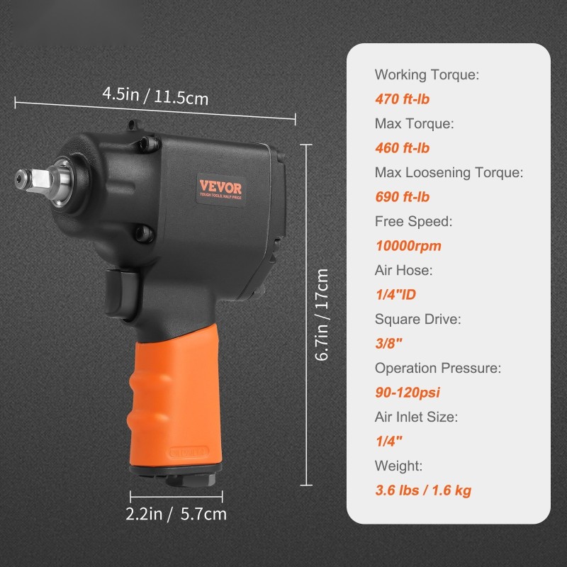 Paineilmakäyttöinen iskuväännin 3/8 tuuman neliökiinnitys alumiinirunko säädettävä momentti