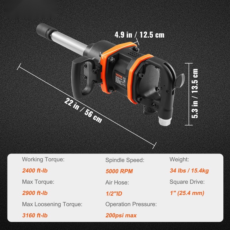 Paineilmakäyttöinen alumiininen 2,5 cm mutterinväännin 1 tuuman neliskantilla 4287,4 Nm irrotusväännöllä