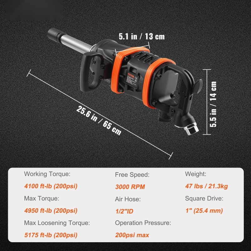 Paineilmakäyttöinen iskuväännin alumiinirunko 2,5 cm karalla 20 cm pidennetty raskaiden ajoneuvojen huoltoon