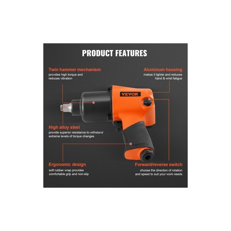 Paineilmakäyttöinen iskumutterinväännin puoli tuuman neliökiinnitys alumiinirunkoinen kevyt ja ergonominen autohuoltoon