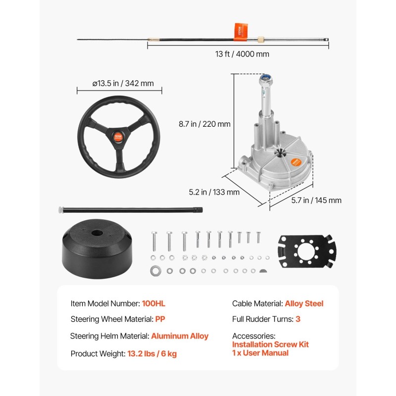 Ulkolaitemoottorin mekaaninen ohjausjärjestelmä 3,96 m ohjauskaapeli 13,5 tuuman pyörä alumiiniperäsin