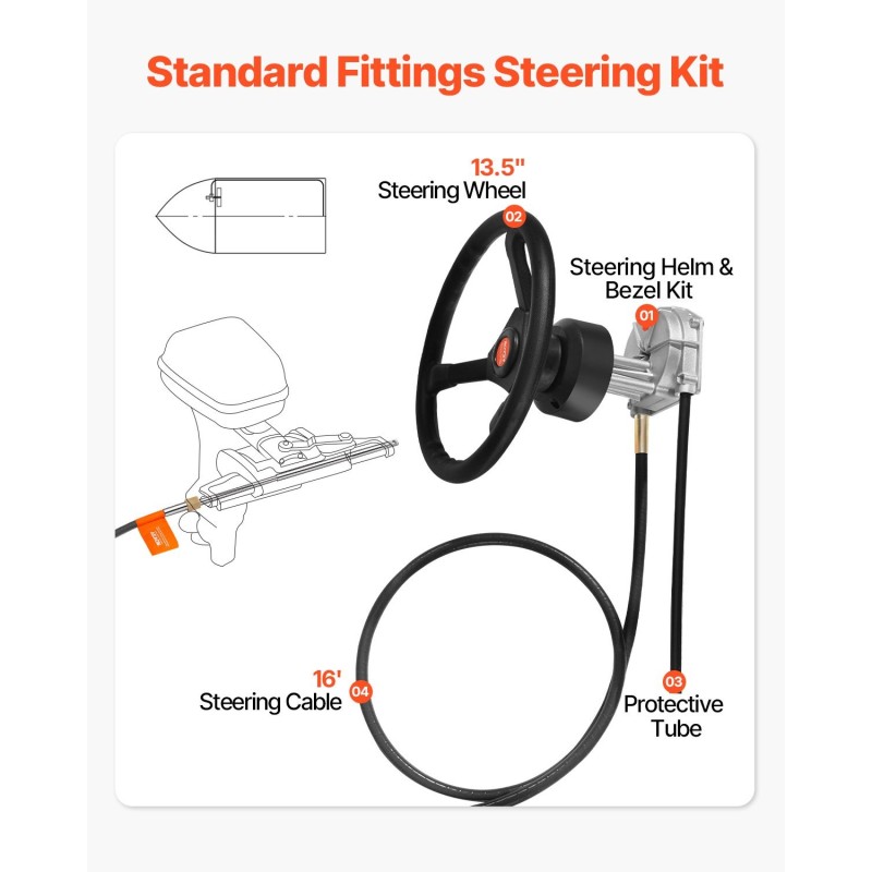 Mekaaninen veneen ohjaussarja perämoottorille 16 jalan ohjauskaapeli 13,5 tuuman ohjauspyörä