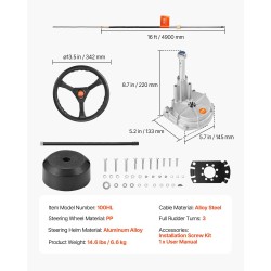 Mekaaninen veneen ohjaussarja perämoottorille 16 jalan ohjauskaapeli 13,5 tuuman ohjauspyörä