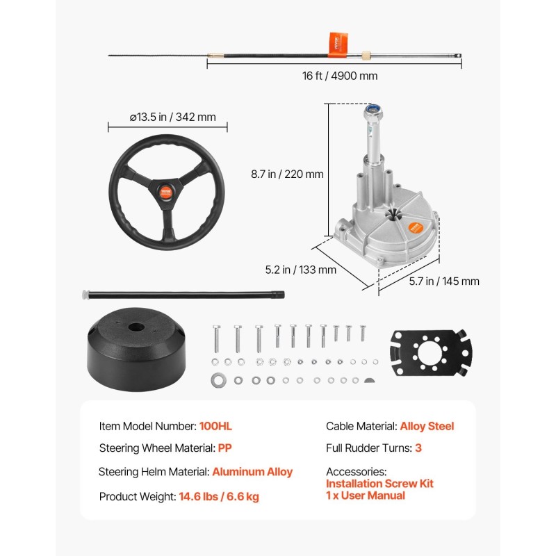 Mekaaninen veneen ohjaussarja perämoottorille 16 jalan ohjauskaapeli 13,5 tuuman ohjauspyörä