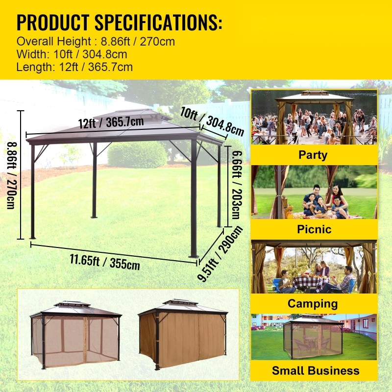 Puutarhapaviljonki alumiinirunkoinen 3 x 3,6 m kaksikerroksinen PVC-katto hyttysverkolla