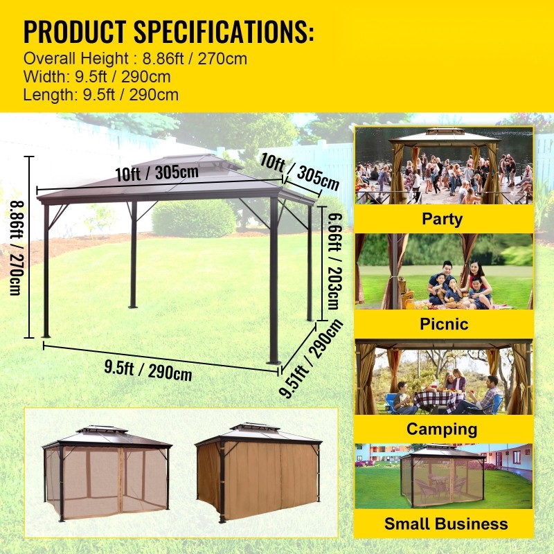 Puutarhapaviljonki 3x3 m alumiinirunko kaksikerroksinen PVC-katto hyttysverkolla ruskea