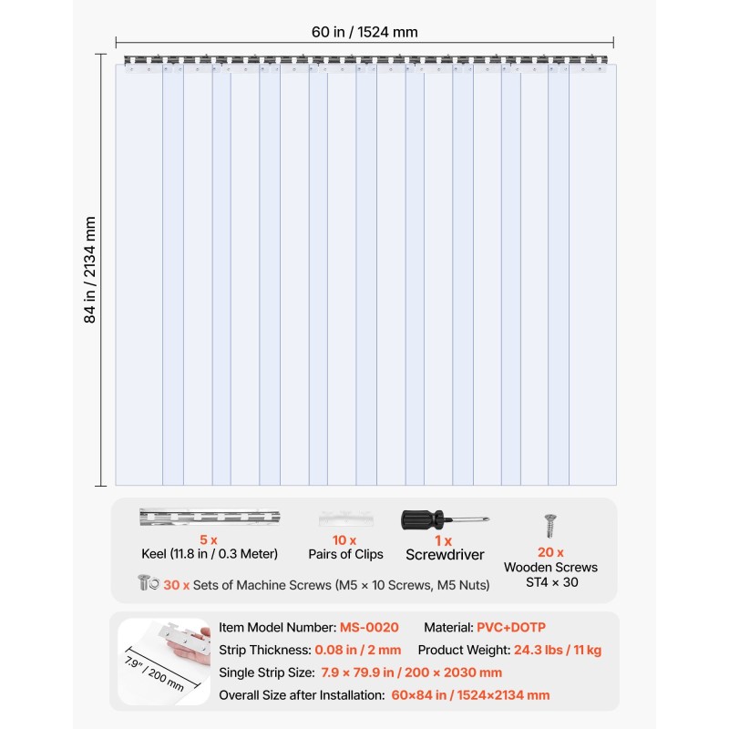 Läpinäkyvä PVC-kaistaverho 152,4×213,4 senttimetriä kylmä- ja pakastehuoneisiin ruostumattomalla kiinnityskiskolla
