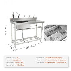 Pesuallas ruostumaton teräs vapaasti seisova yksialtainen integroidulla työtasolla 119,4x50x95 cm ammattikäyttöön