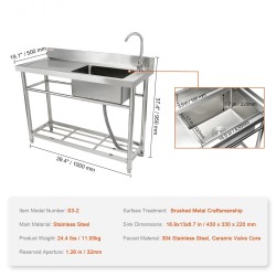 Yksialtainen ruostumaton teräs työallas työtasolla 100,1×48,5×95 cm NSF-sertifioitu