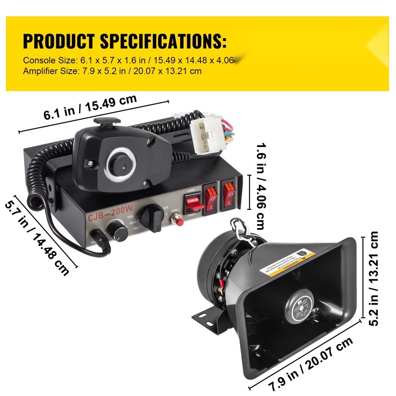 Varoitussireeni ja kaiutinsarja autolle 200W 12V 125dB 7 ääntä käsimikrofoni