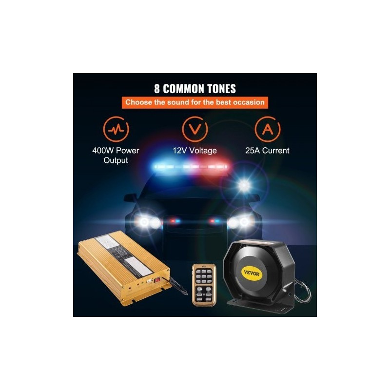 Sireenijärjestelmä ajoneuvoon 400W 2 torvea 8 äänitilaa 12V