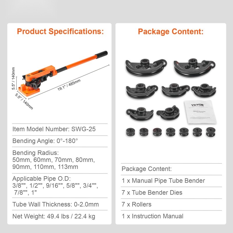 Manuaalinen putkentaivutin kupari- ja alumiiniputkille 9,5–25,4 mm 7 taivutussapluunaa