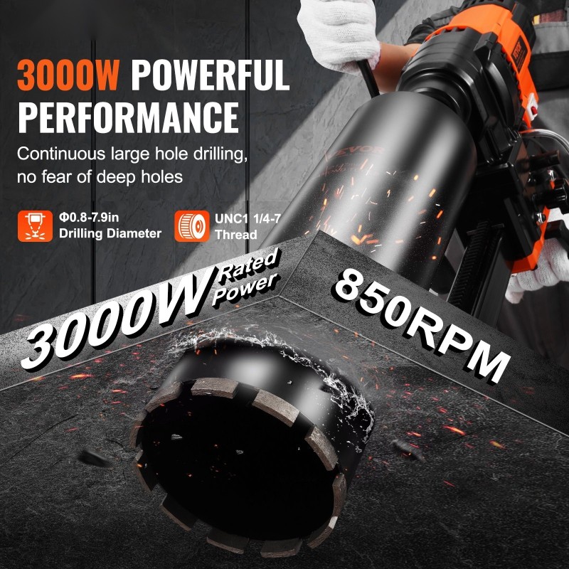 Timanttiporakone 3000W poraushalkaisija 20–200 mm pystytelineellä märkä ja kuivaporaus betonille