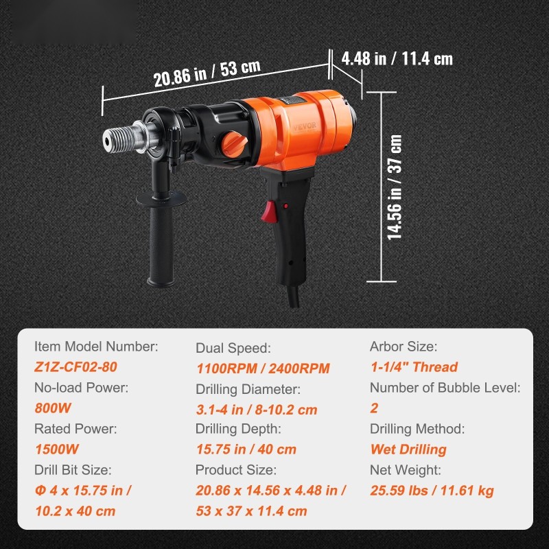 Timanttiporakone käsikäyttöinen 1500W märkäporaukseen 10,2 cm 2-nopeuksinen