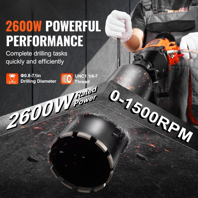 Timanttiporakone 2600W 20–180 mm porauskoko käsikäyttöinen ja telineasennettava
