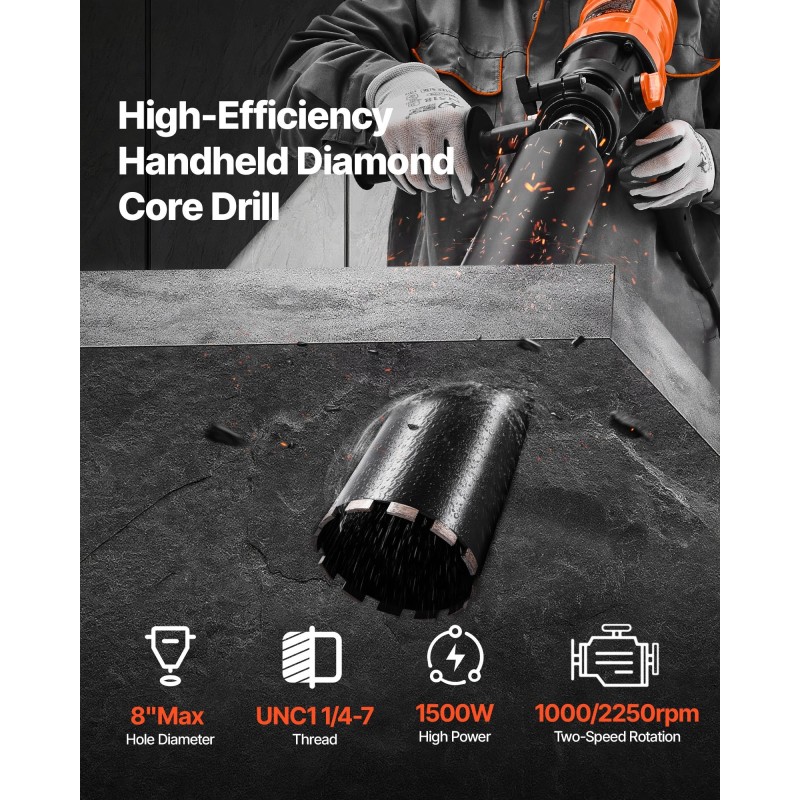 Käsikäyttöinen timanttiydinporakone betoniin tiileen kiveen 1500 wattia kaksinopeuksinen 4 poranterää