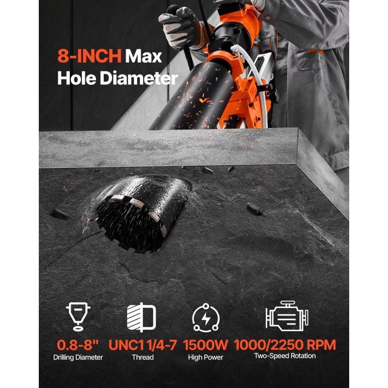 Timanttisydänporakone 200 mm betoniin tiileen kiveen käsikäyttöinen ja telinekiinnitteinen neljä porakruunua