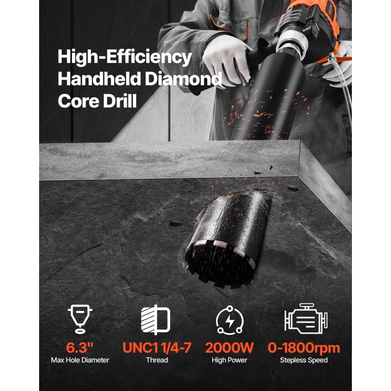 Käsikäyttöinen timanttiydinporakone 20–160 mm 2000W 4 kpl timanttiporakruunuja märkä- ja kuivaporaus