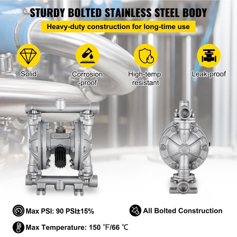 Ilmakäyttöinen kaksoiskalvopumppu ruostumattomalla teräsrungolla PTFE-kalvoilla matalaviskoosisille nesteille
