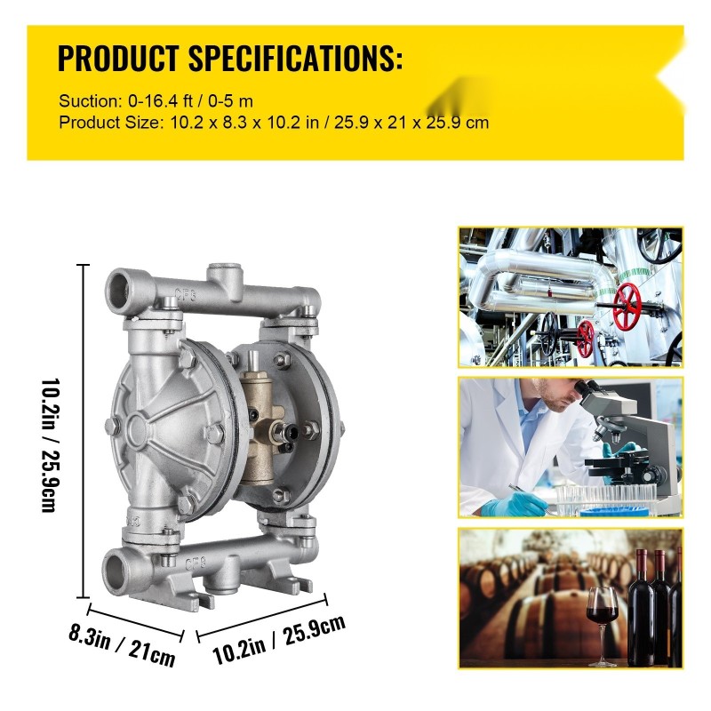 Ilmakäyttöinen kaksoiskalvopumppu ruostumattomalla teräsrungolla PTFE-kalvoilla matalaviskoosisille nesteille