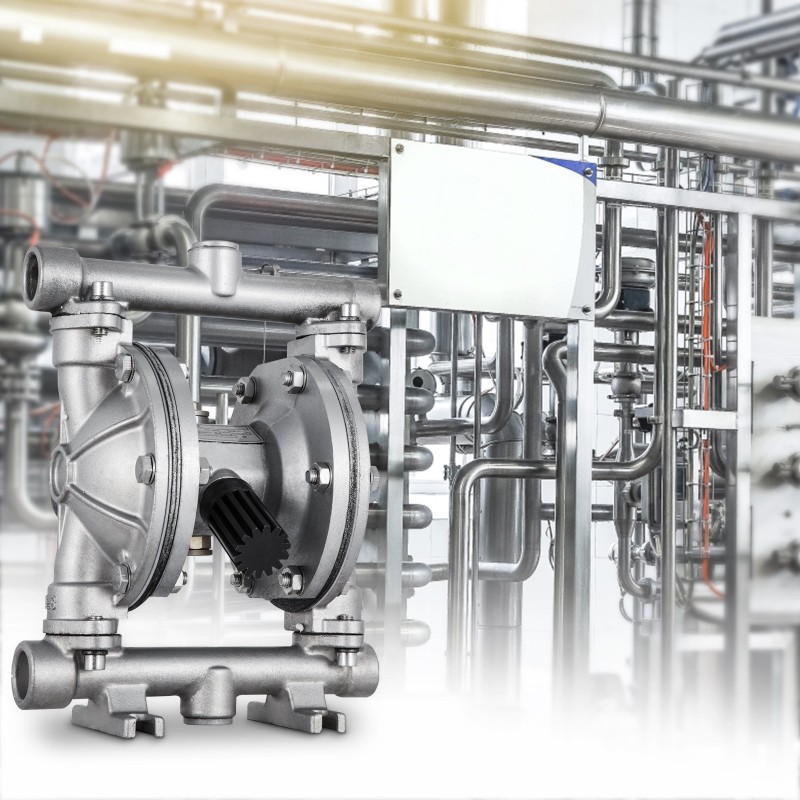 Ilmakäyttöinen kaksoiskalvopumppu ruostumattomalla teräsrungolla PTFE-kalvoilla matalaviskoosisille nesteille