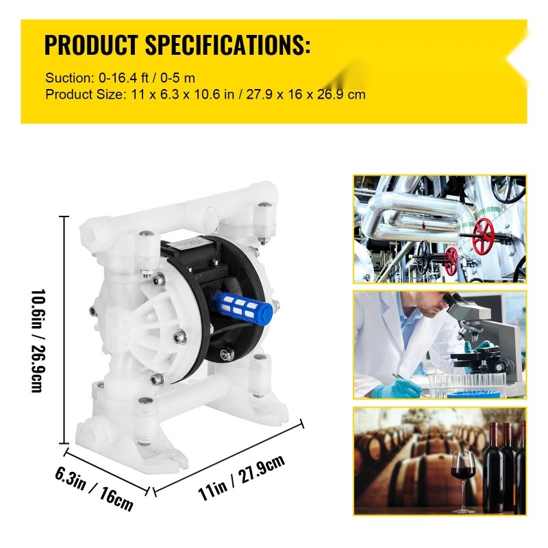 Paineilmakäyttöinen kaksoiskalvopumppu polypropeenirunko PTFE-kalvot 12,7 mm imu ja poistoliitännät 100 psi