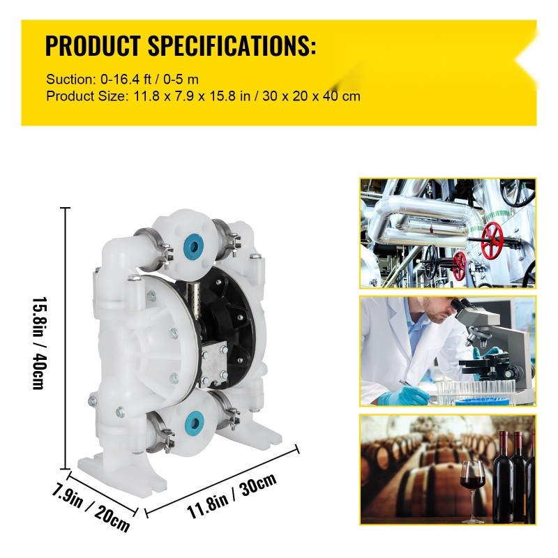 Paineilmakäyttöinen kaksoiskalvopumppu polypropeenirunko PTFE-kalvot DN25 laippaliitännät maksimipaine 120 psi kemikaali ja