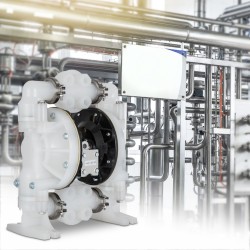 Paineilmakäyttöinen kaksoiskalvopumppu polypropeenirunko PTFE-kalvot DN25 laippaliitännät maksimipaine 120 psi kemikaali ja