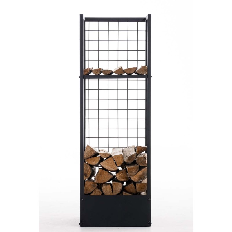Musta metallinen polttopuuteline ristikkomuotoilulla ja lisähyllyllä