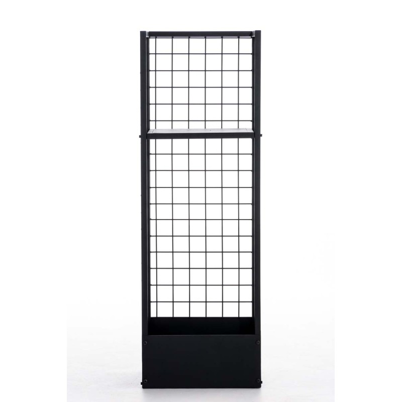 Musta metallinen polttopuuteline ristikkomuotoilulla ja lisähyllyllä