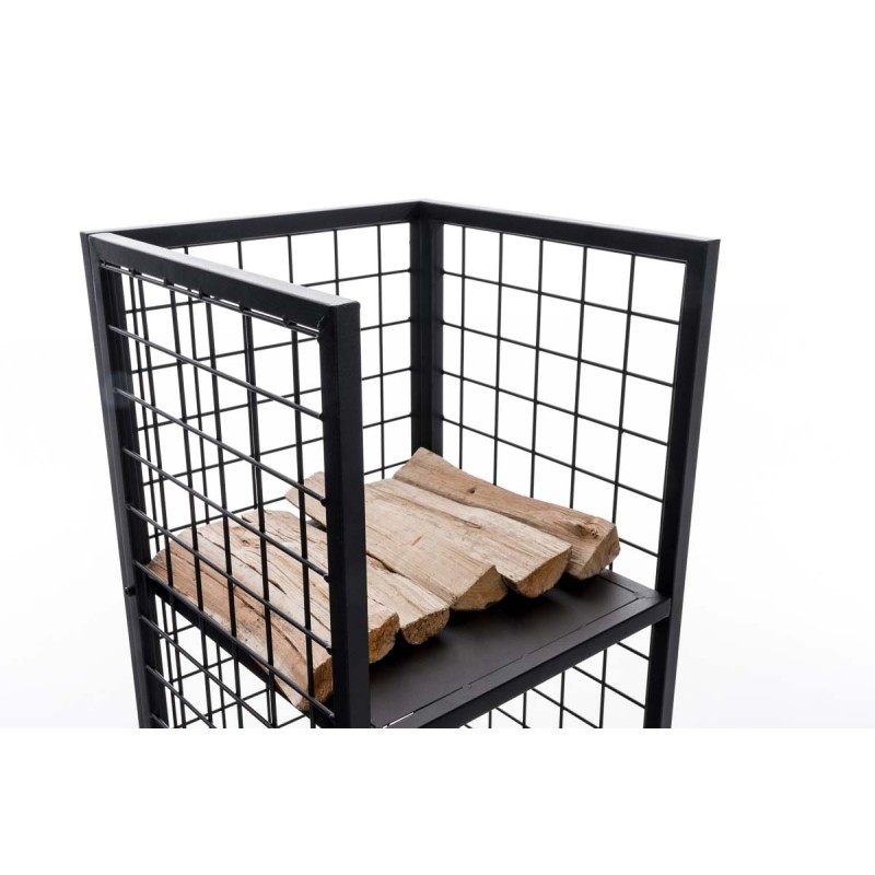 Musta metallinen polttopuuteline ristikkomuotoilulla ja lisähyllyllä