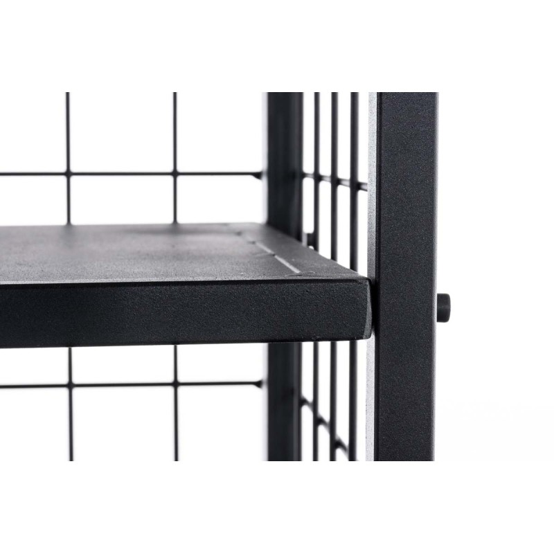 Musta metallinen polttopuuteline ristikkomuotoilulla ja lisähyllyllä