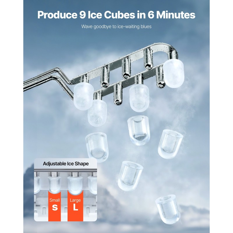 Pöytäjääpalakone 9 jääkuutiota 6–13 minuutissa 0,5 kg säiliö itsepuhdistus kantokahvalla