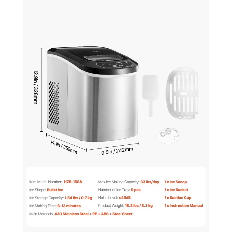 Pöytätason jääpalakone ruostumatonta terästä 33 paunaa päivässä 9 jääpalaa