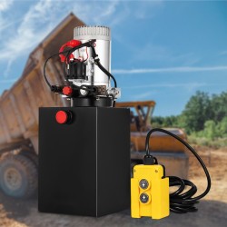 Kaksitoiminen hydraulipumppu 12 kvartin terässäiliöllä 12 voltin moottorilla kippiperävaunuille