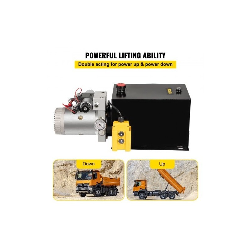 Kaksitoiminen hydrauliyksikkö metallisella 11,4 l säiliöllä 12 V moottorilla painemittarilla