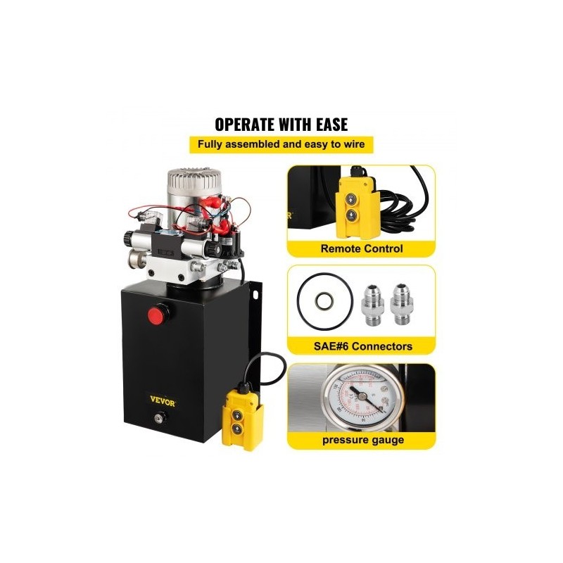 Kaksitoiminen hydrauliyksikkö metallisella 11,4 l säiliöllä 12 V moottorilla painemittarilla