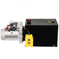 Kaksitoiminen hydrauliyksikkö metallisella 11,4 l säiliöllä 12 V moottorilla painemittarilla