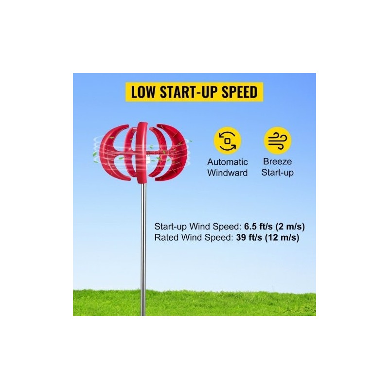 Pystysuuntainen lyhtymallinen tuuliturbiini 12 volttia 400 wattia 5 nailonkuitulavaa lataussäätimellä punainen