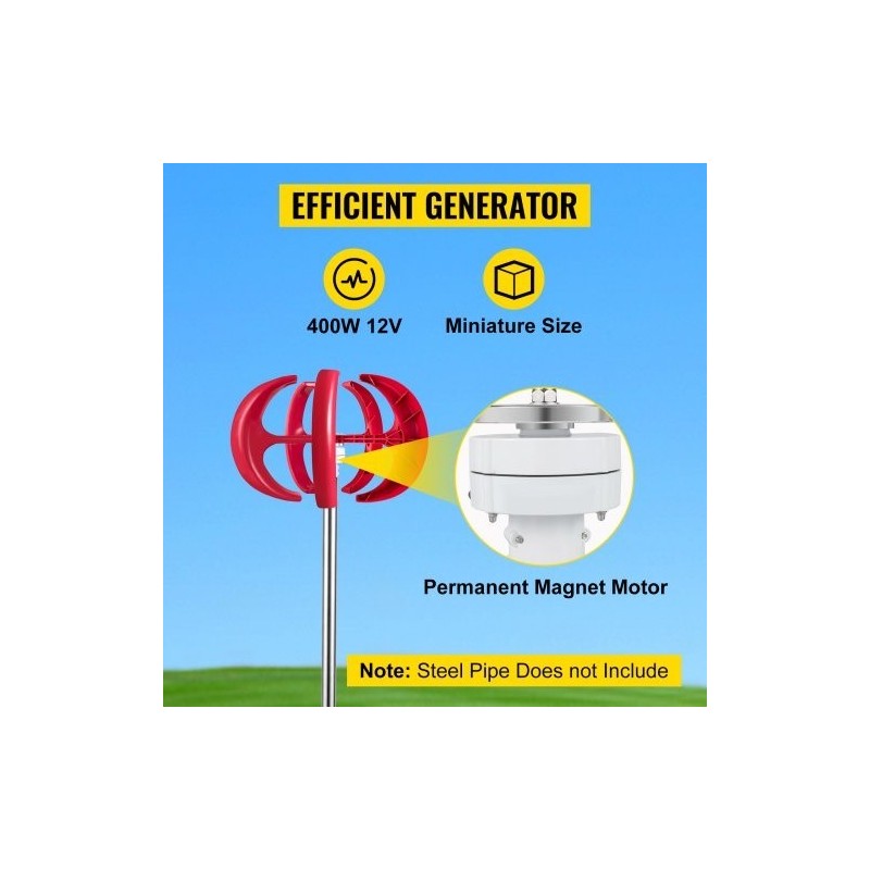 Pystysuuntainen lyhtymallinen tuuliturbiini 12 volttia 400 wattia 5 nailonkuitulavaa lataussäätimellä punainen