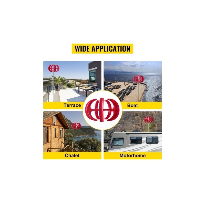 Pystysuuntainen lyhtymallinen tuuliturbiini 12 volttia 400 wattia 5 nailonkuitulavaa lataussäätimellä punainen