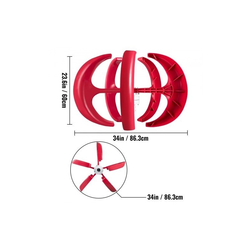 Pystysuuntainen lyhtymallinen tuuliturbiini 12 volttia 400 wattia 5 nailonkuitulavaa lataussäätimellä punainen