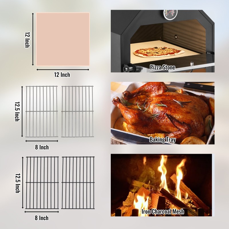 Ulkopizzauuni 12-tuumainen puulämmitteinen teräs taittuvat jalat irrotettavat pyörät