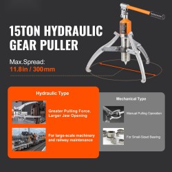 Hydraulinen ulosvedin 15 tonnia 30,5 cm leukakoko laakereille ja vaihteille kaksi- ja kolmileukainen