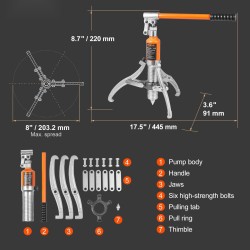 Hydraulinen vaihdevetäjä teräs 5 t 2- tai 3-leukainen 20,32 cm säilytyslaukulla