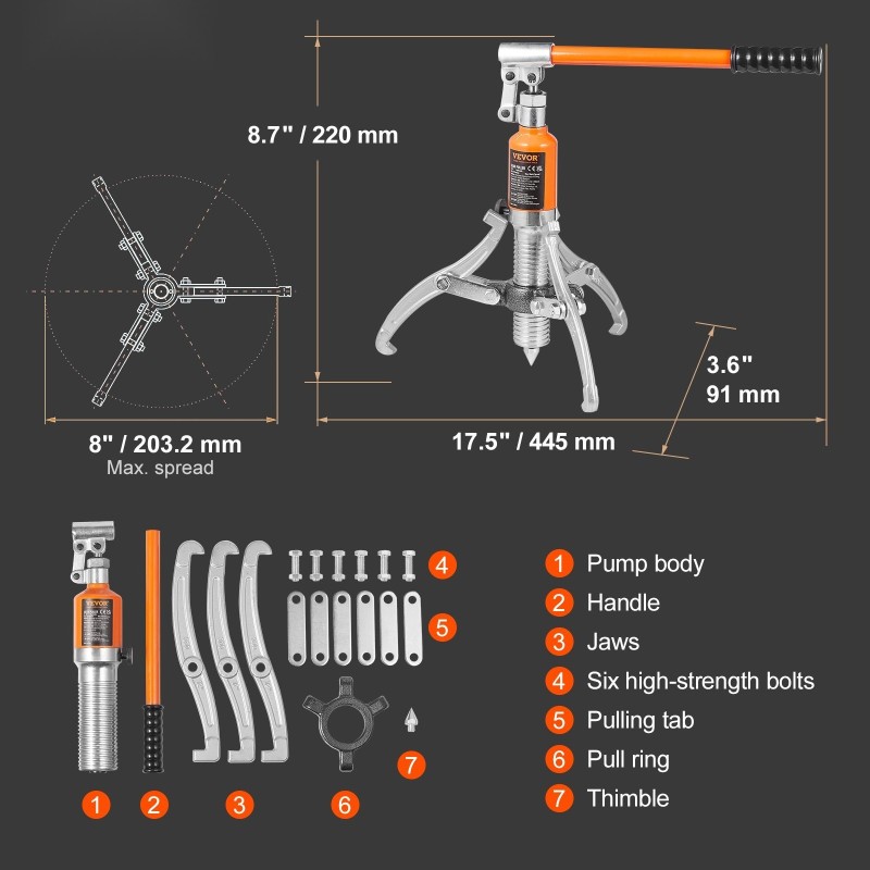 Hydraulinen vaihdevetäjä teräs 5 t 2- tai 3-leukainen 20,32 cm säilytyslaukulla