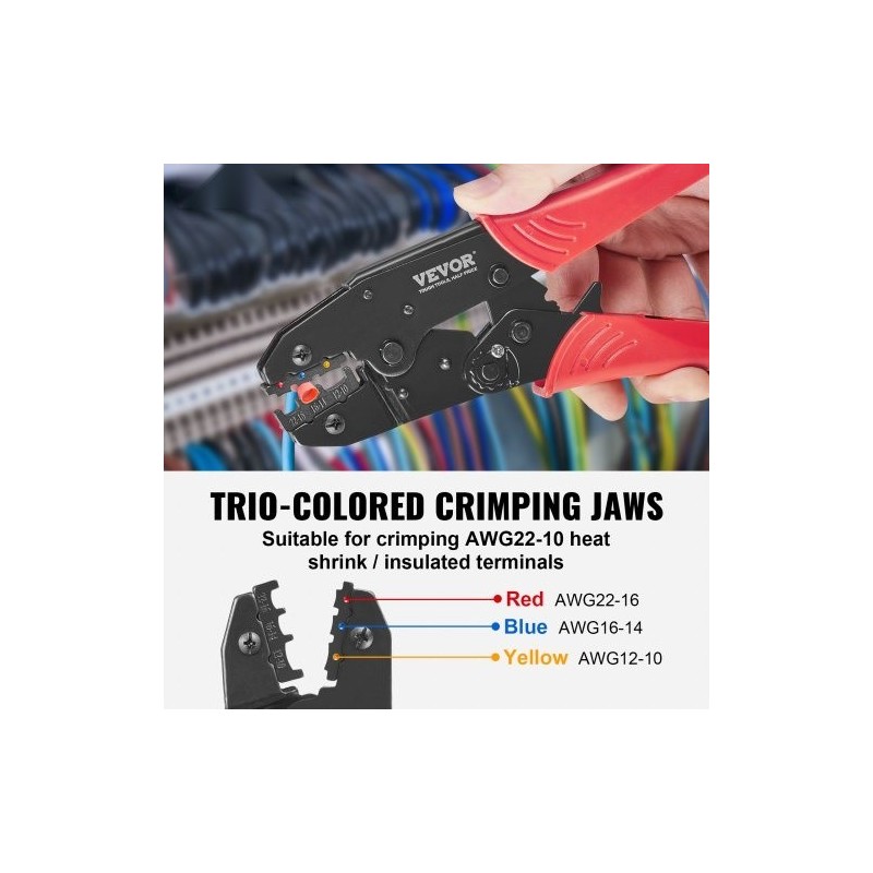 Räikkäpihdit 0,5–6 mm² lämpökutisteliittimille, nylonliittimille ja holkkoliittimille räikemekanismilla korkeakovuus-terästä