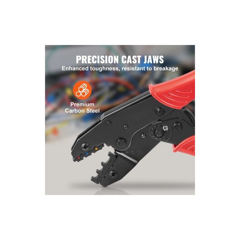 Räikkäpihdit 0,5–6 mm² lämpökutisteliittimille, nylonliittimille ja holkkoliittimille räikemekanismilla korkeakovuus-terästä