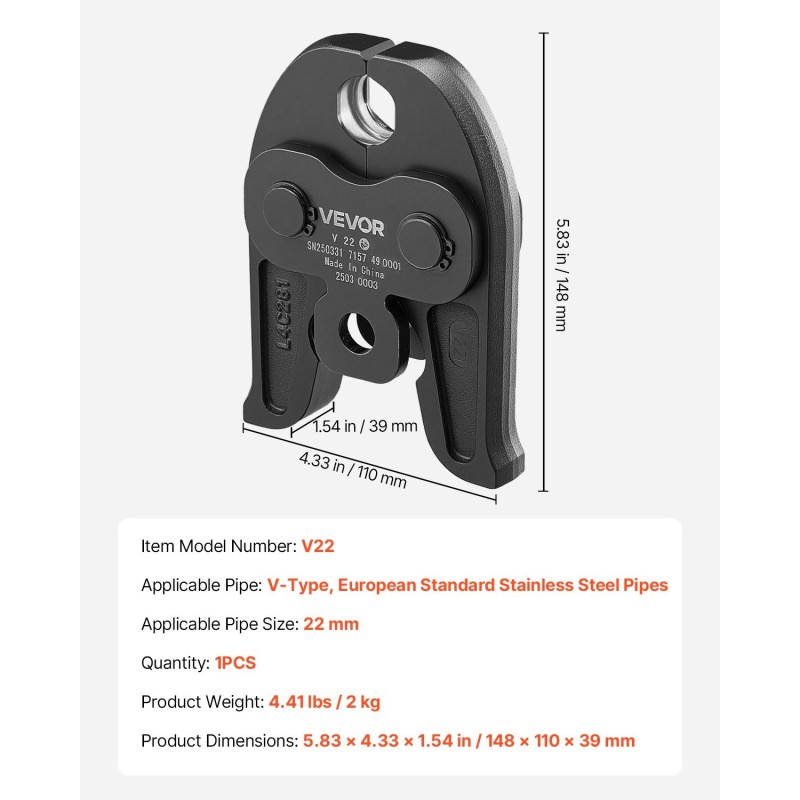 Puristusleuka V-tyypin 22 mm karkaistusta teräksestä ruostumattomille putkille 1 kpl